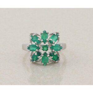 Sterling Silver Natural Green Onyx Flower Ring Size 7 3/4